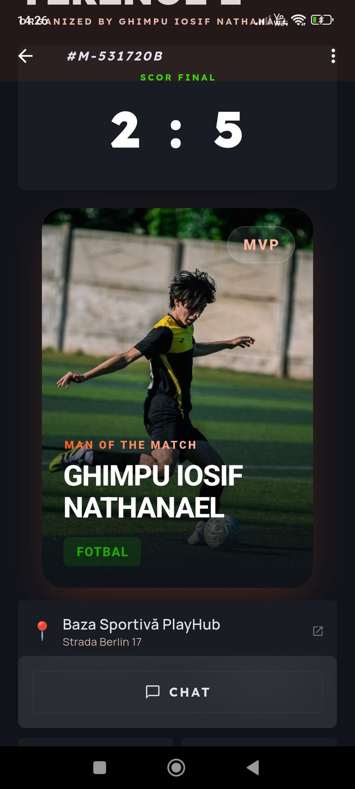 Cartonașul MVP — man of the match în PlayerHub