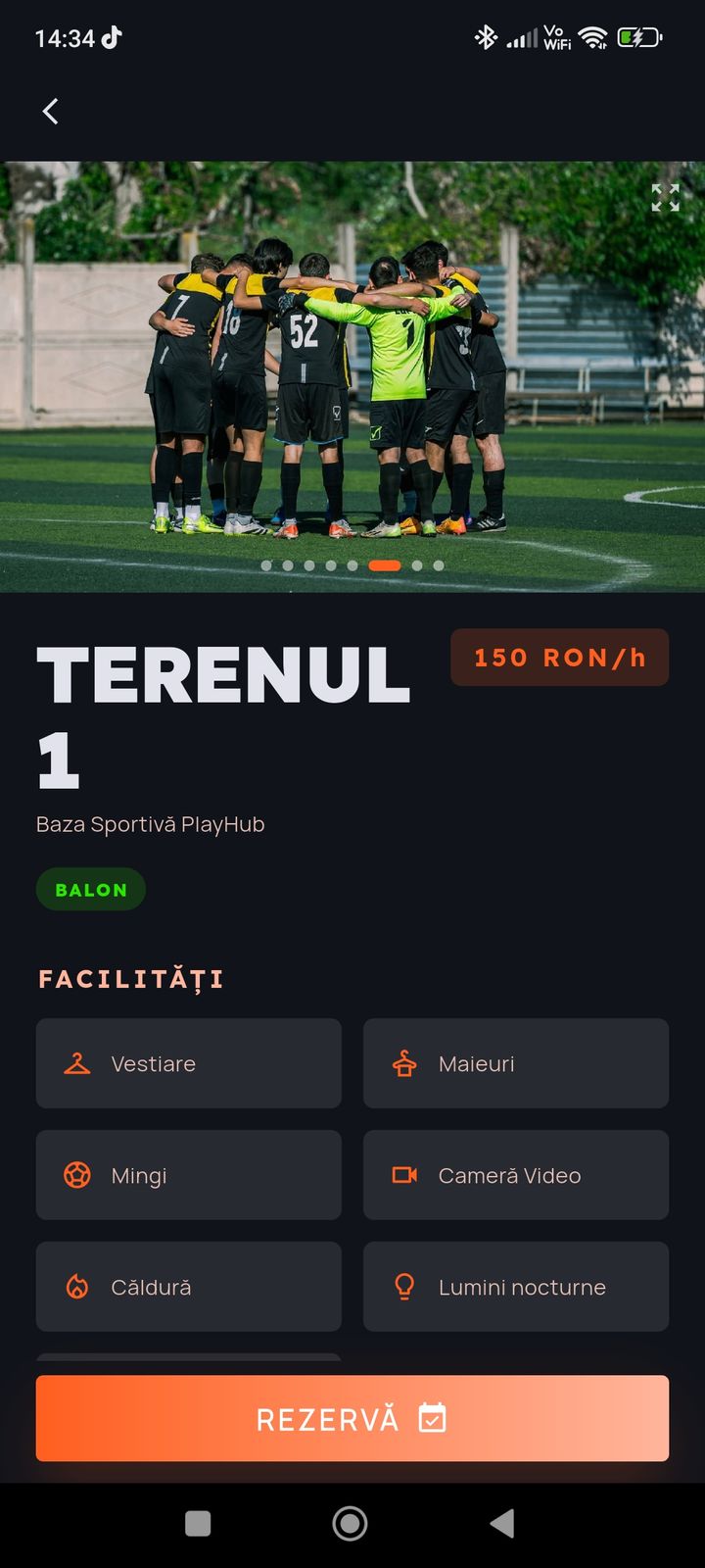 Detaliile terenului în PlayerHub — preț și facilități
