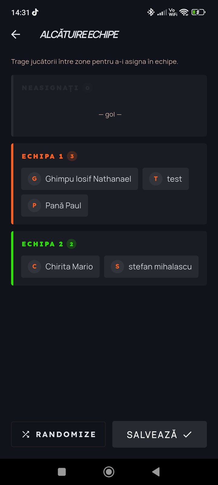 Alcătuirea echipelor în PlayerHub