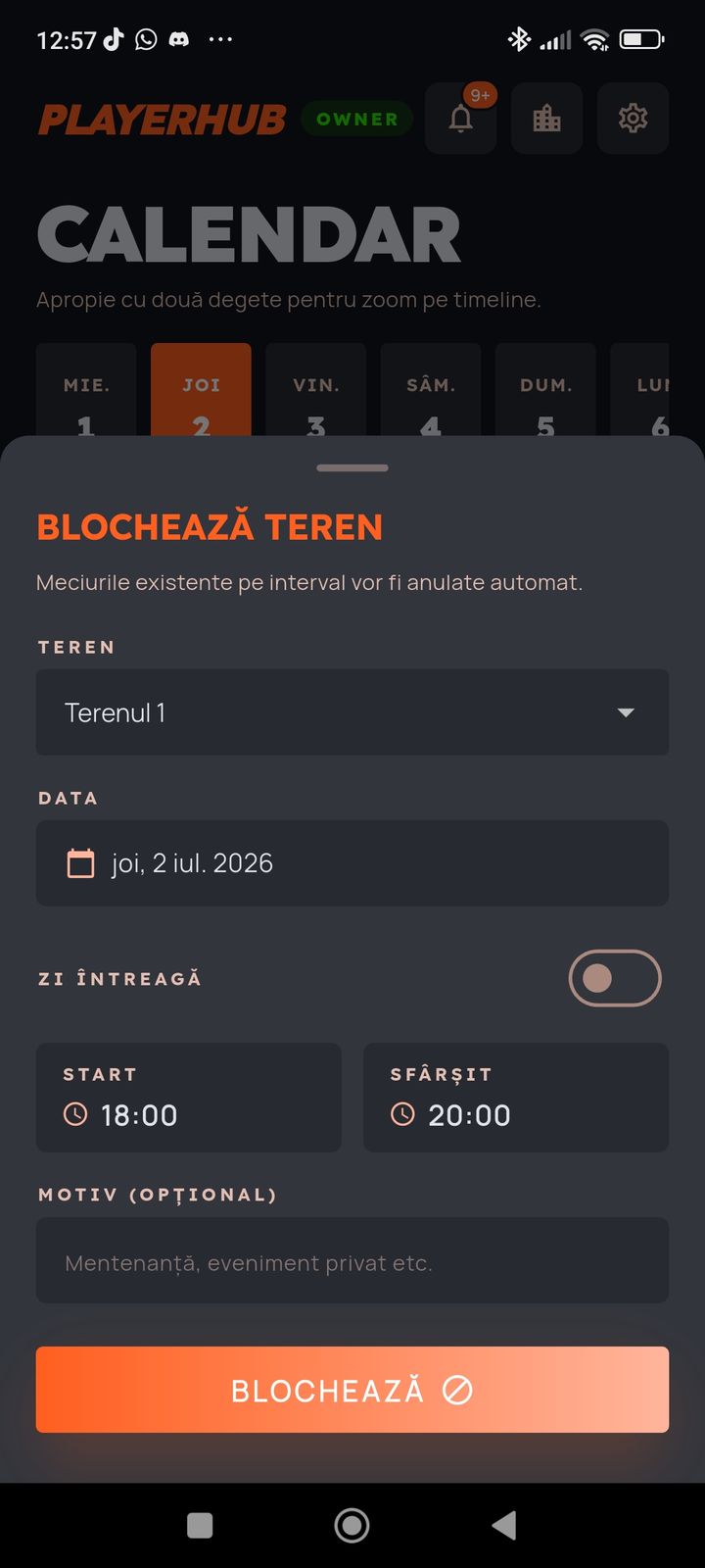 Blocare interval teren în PlayerHub