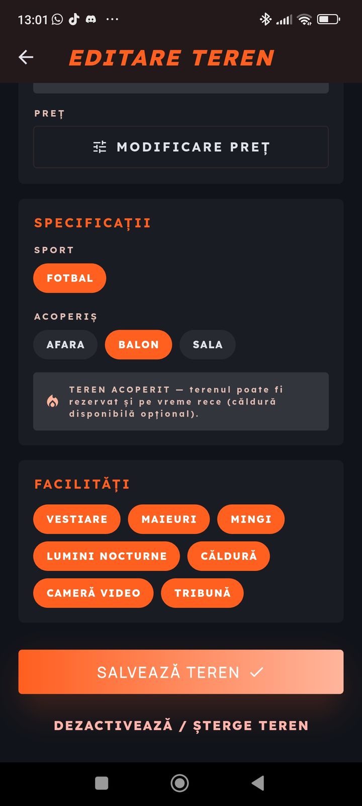 Editare teren și facilități în PlayerHub