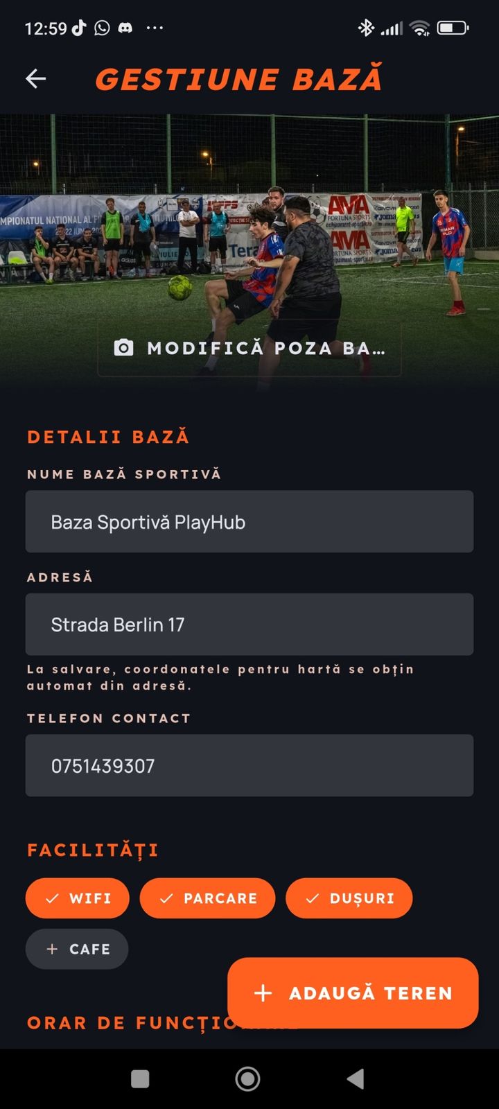 Gestionare bază sportivă — facilități și detalii în PlayerHub