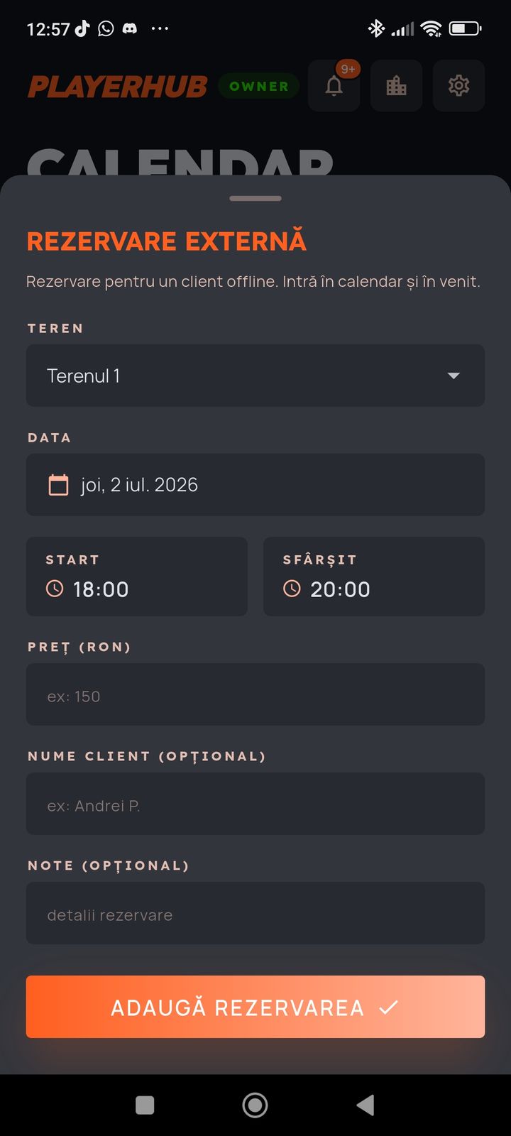 Adăugare rezervare externă (client offline) în PlayerHub