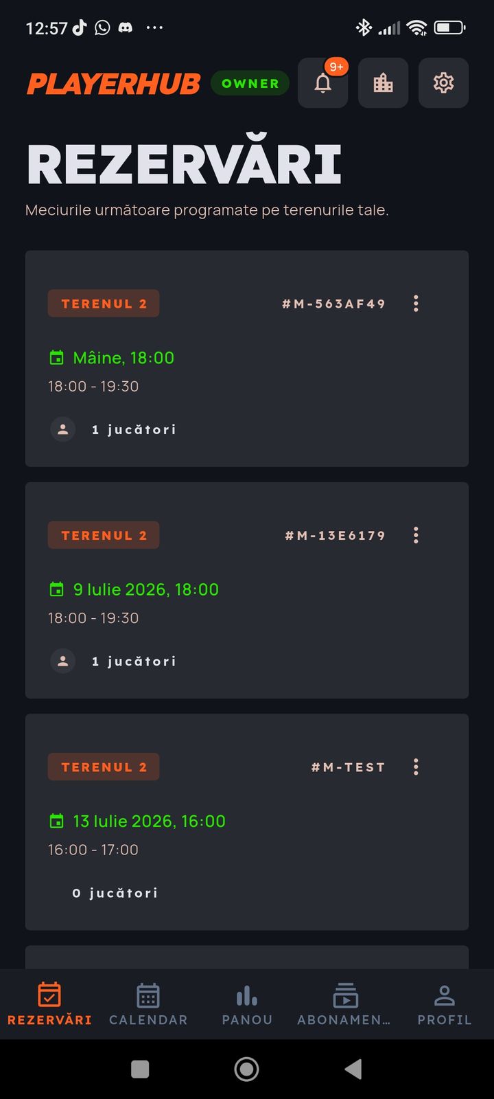 Lista rezervărilor active în PlayerHub