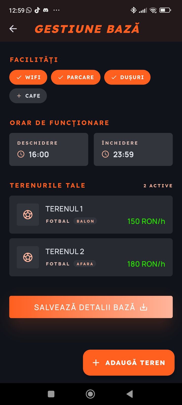Lista terenurilor cu tarife pe oră în PlayerHub