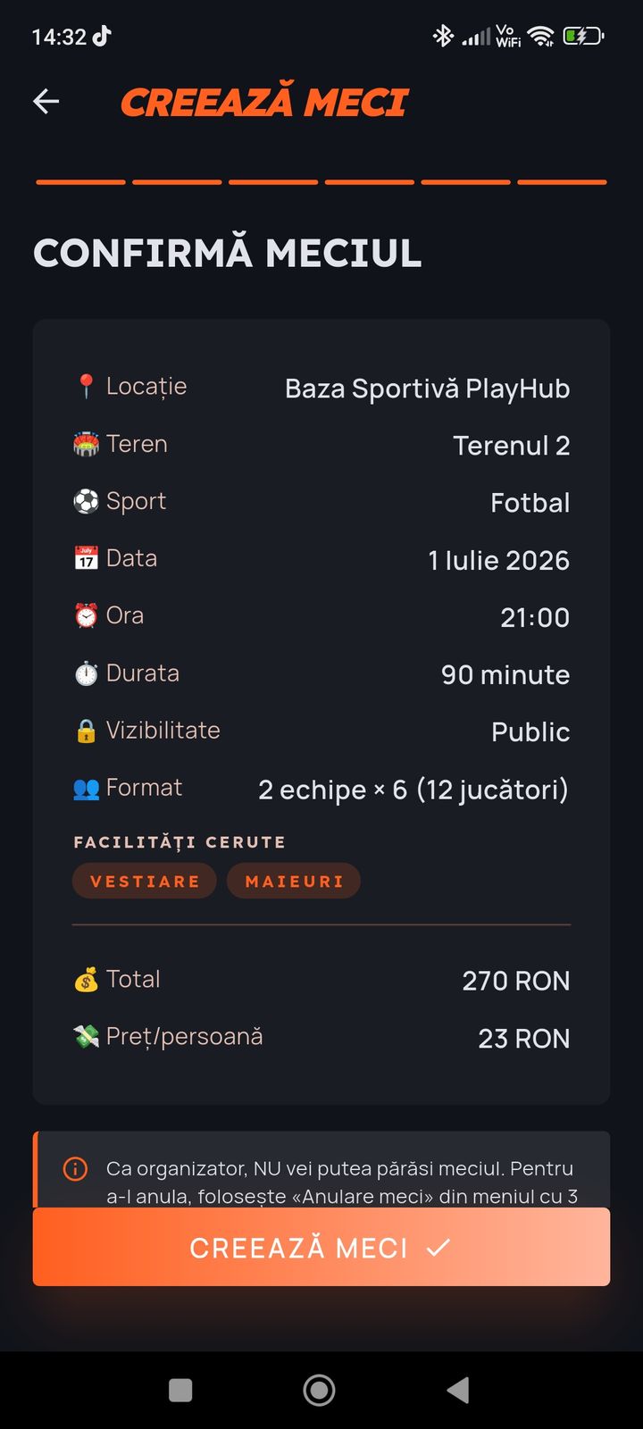 Confirmarea meciului în PlayerHub